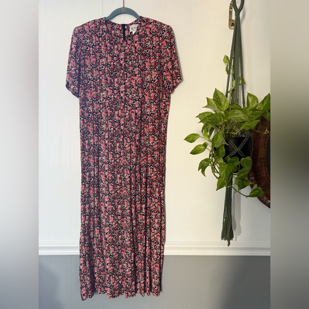 Vintage 90s K Studio Cottage Peasant Pleated Jumper Dress Red Floral Roses 10